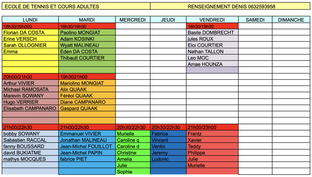 Tableau des cours pour l'année 2023-2024 🎾